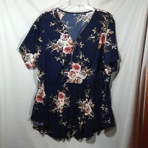3X Plus Size Women's Top Blouse Floral Rose Spring Summer Gold Front Zipper